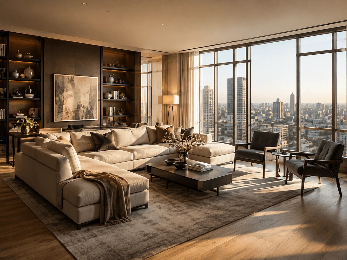Spacious modern living room with large sectional sofa, city view, and contemporary decor.