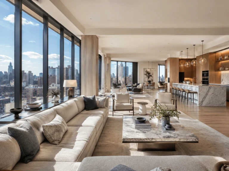 Luxury modern living room with panoramic city views, large sectional sofa, and marble island.